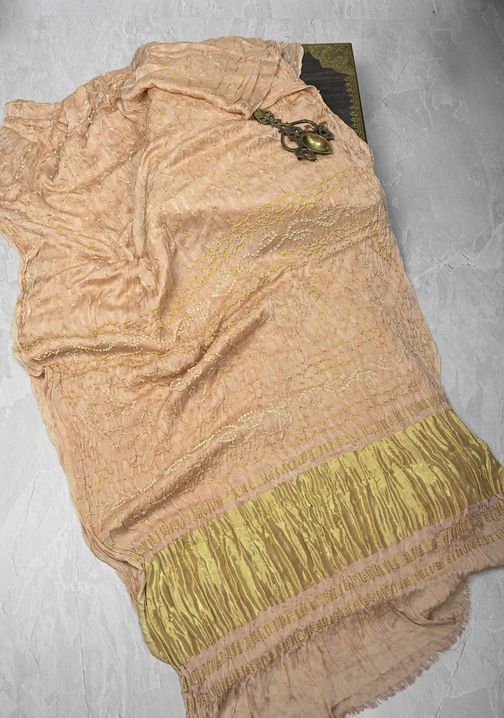 Beige Modal Silk Saree with Sarkam Bandhej with crushed Pallu