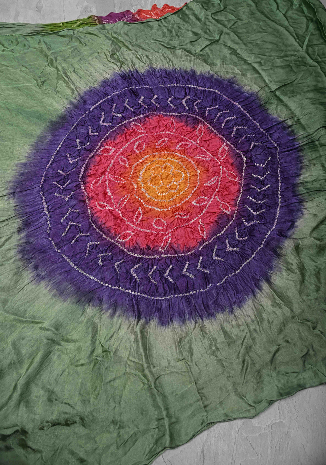 Green Hand Shibori Dye and Bandhej Design on Modal Silk Saree with Satharangi Pallu