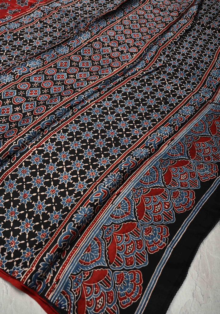Red Ajrakh Hand Block Print on Modal Silk Saree
