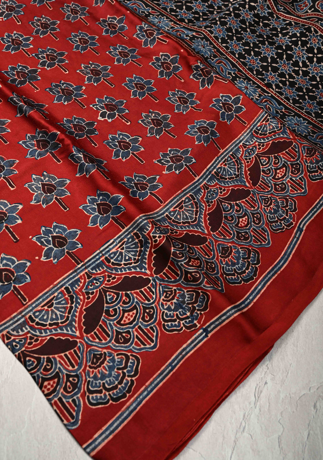 Red Ajrakh Hand Block Print on Modal Silk Saree