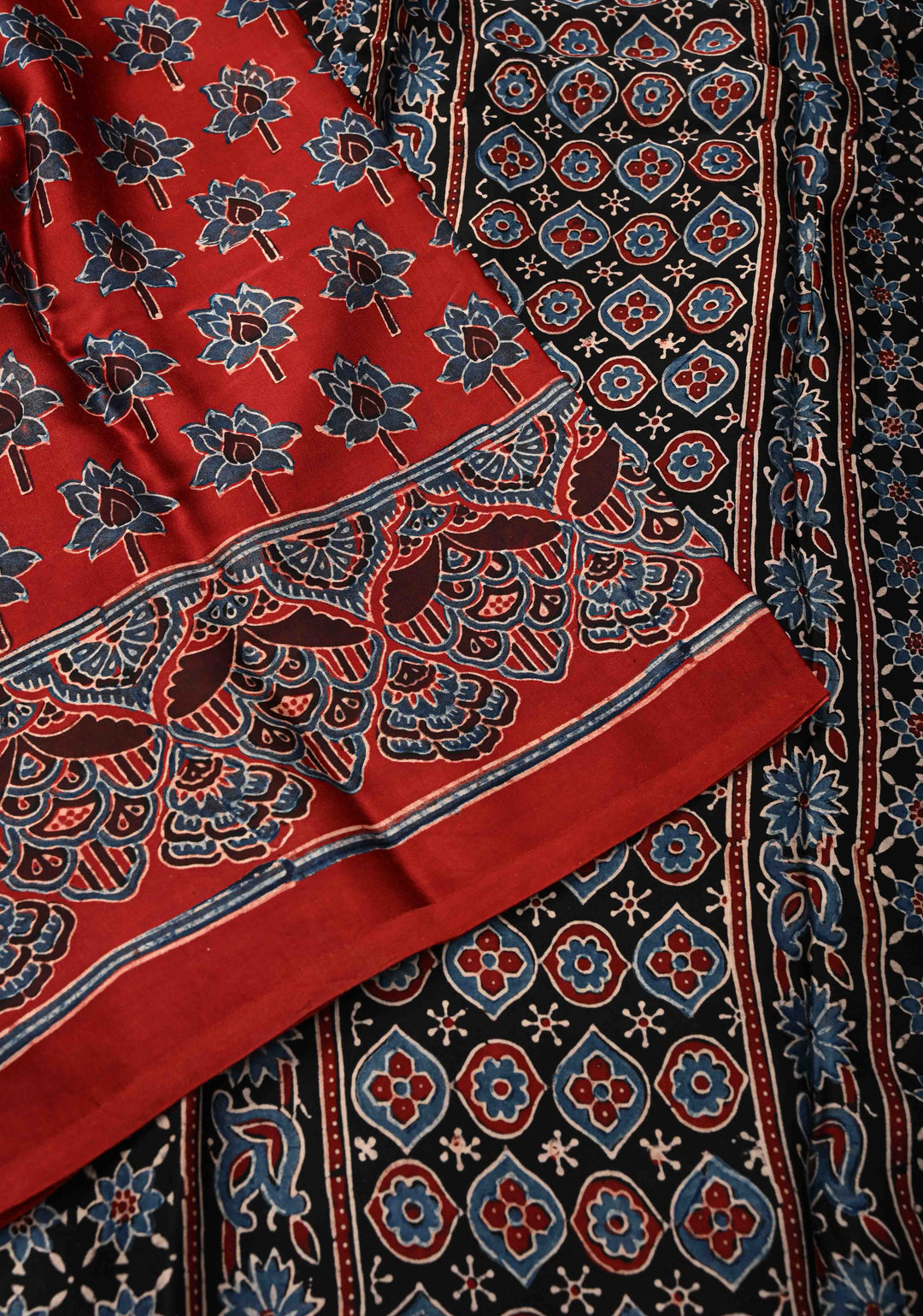 Red Ajrakh Hand Block Print on Modal Silk Saree