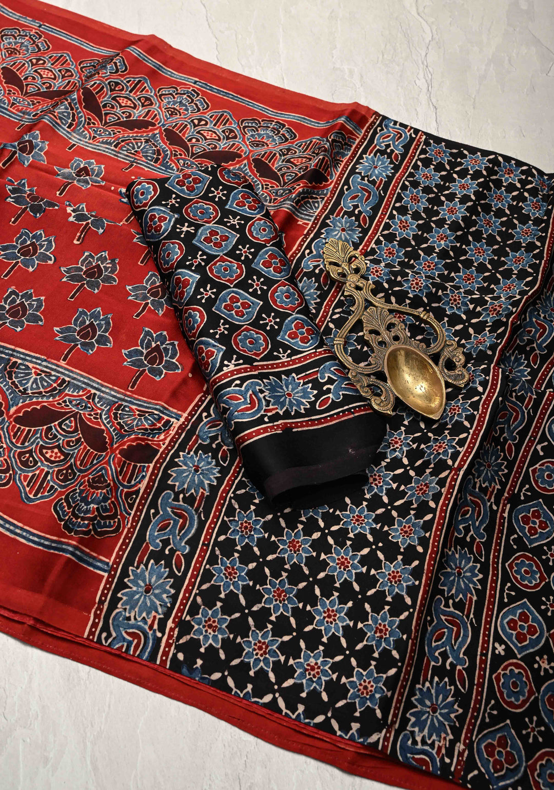 Red Ajrakh Hand Block Print on Modal Silk Saree