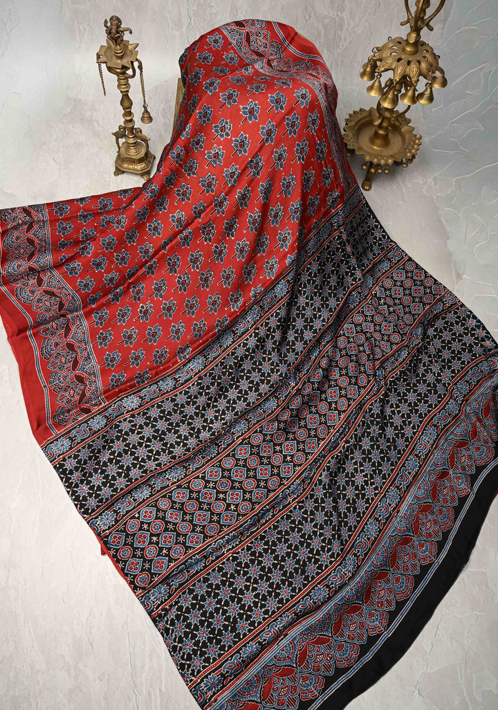 Red Ajrakh Hand Block Print on Modal Silk Saree