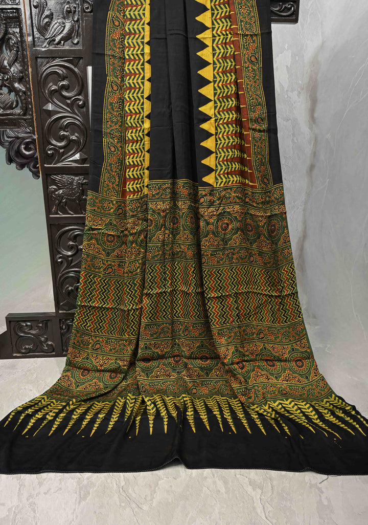 Black Modal Silk Saree with Ajrakh Hand Block Print