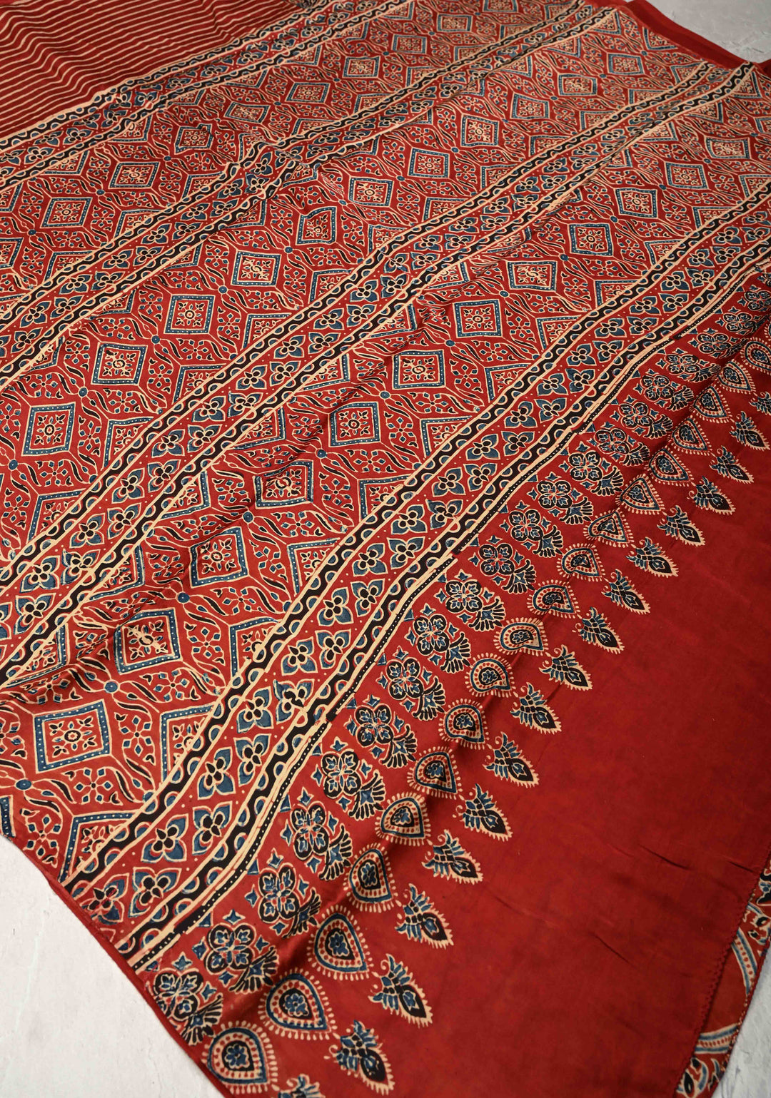 Red Ajrakh Hand Block Print on Modal Silk Saree