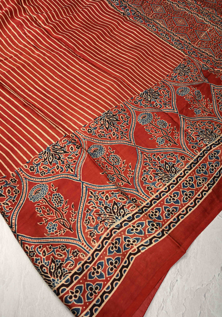 Red Ajrakh Hand Block Print on Modal Silk Saree