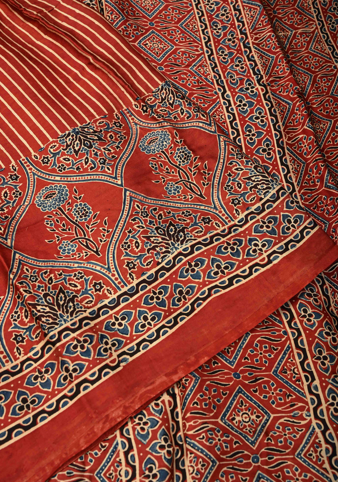 Red Ajrakh Hand Block Print on Modal Silk Saree