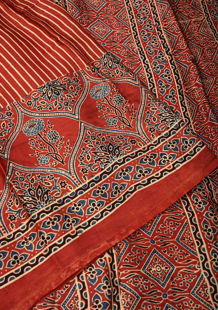 Red Ajrakh Hand Block Print on Modal Silk Saree