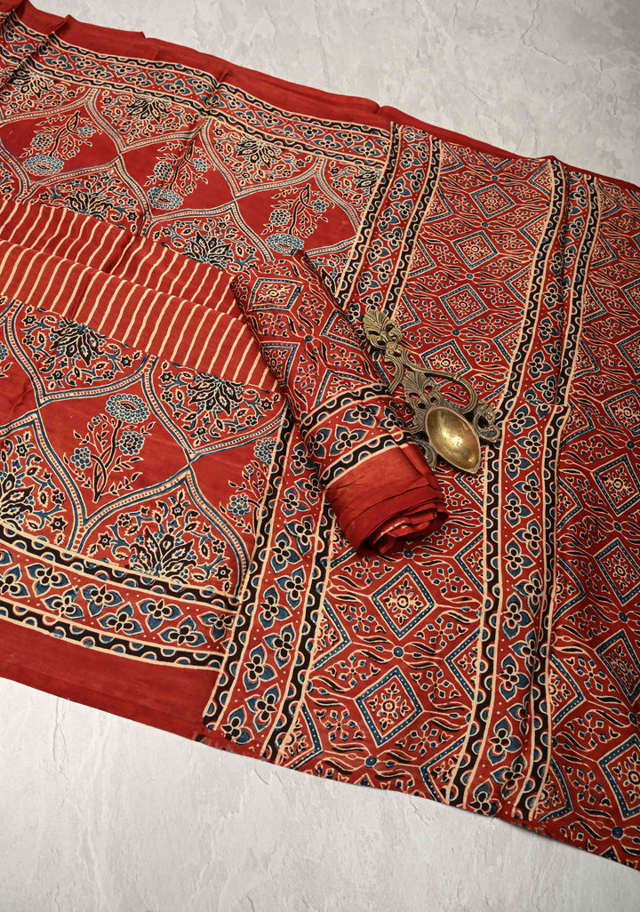Red Ajrakh Hand Block Print on Modal Silk Saree