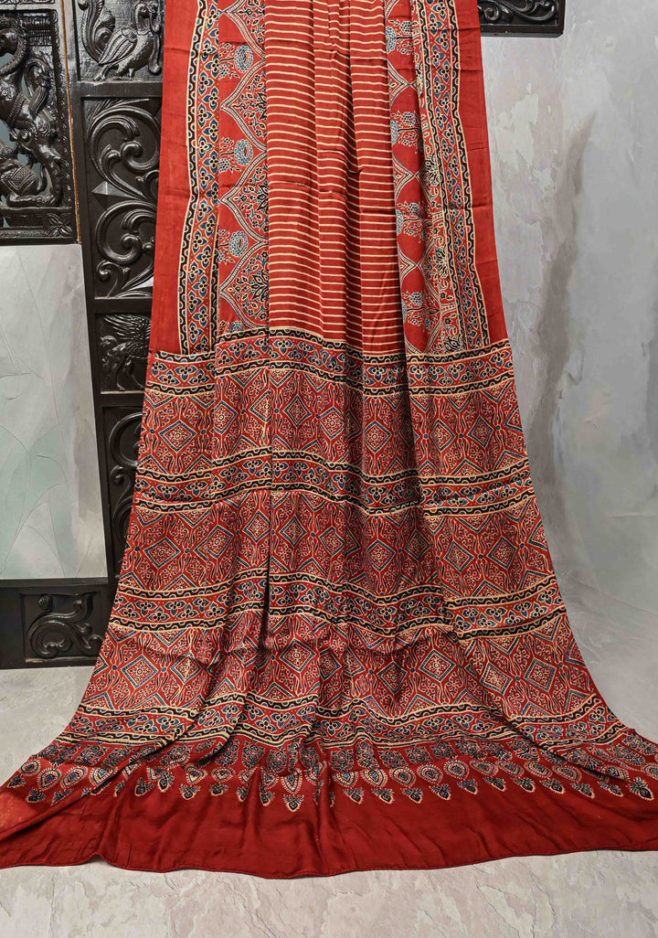 Red Ajrakh Hand Block Print on Modal Silk Saree