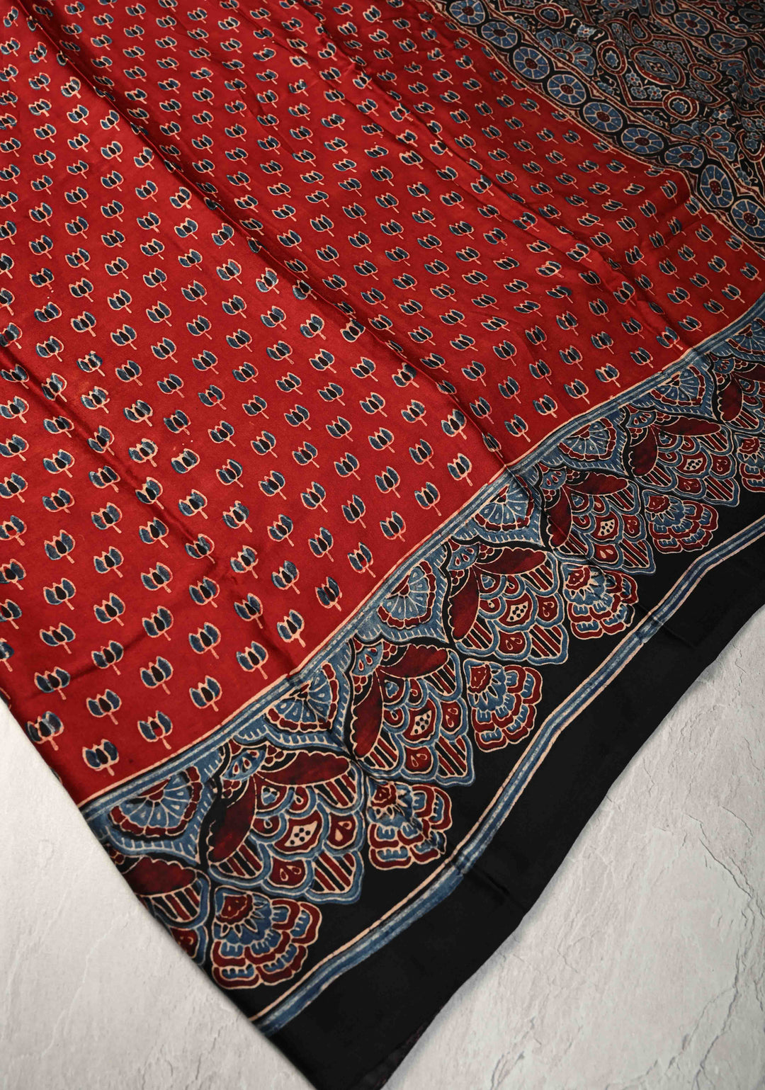 Red Ajrakh Hand Block Print on Modal Silk Saree