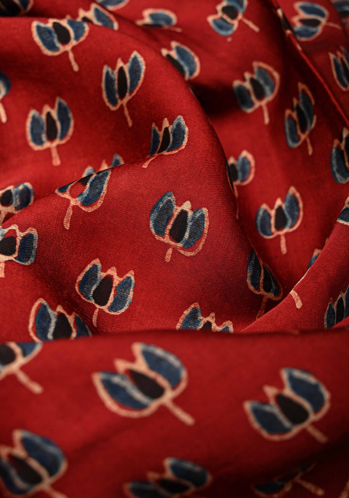Red Ajrakh Hand Block Print on Modal Silk Saree