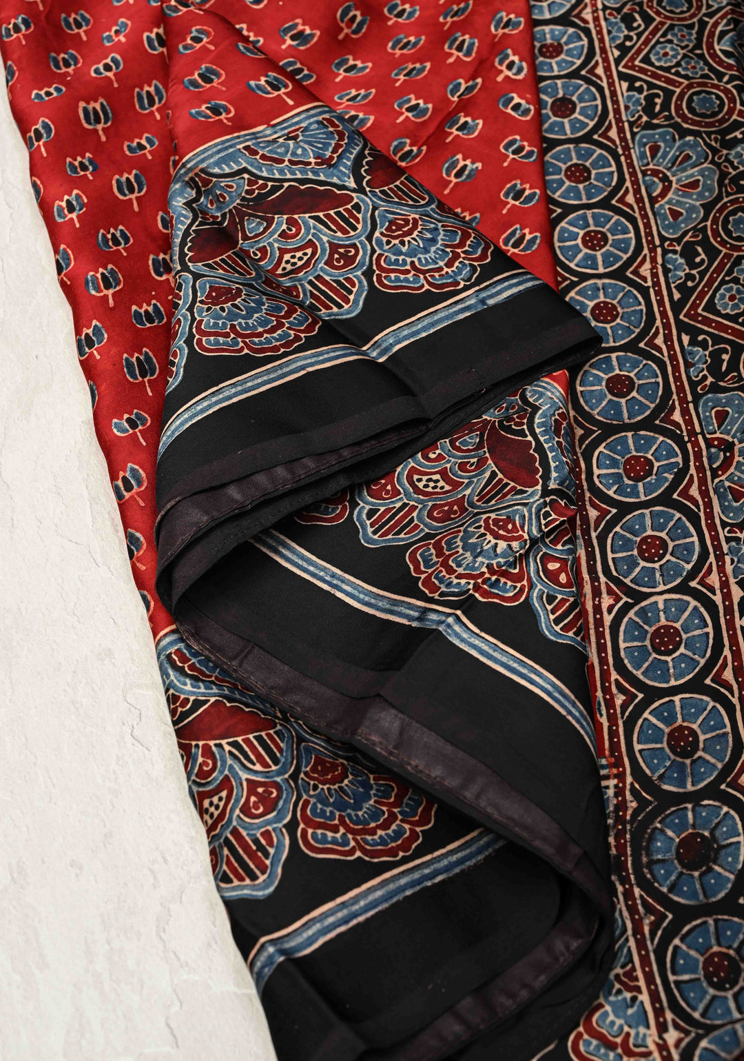 Red Ajrakh Hand Block Print on Modal Silk Saree