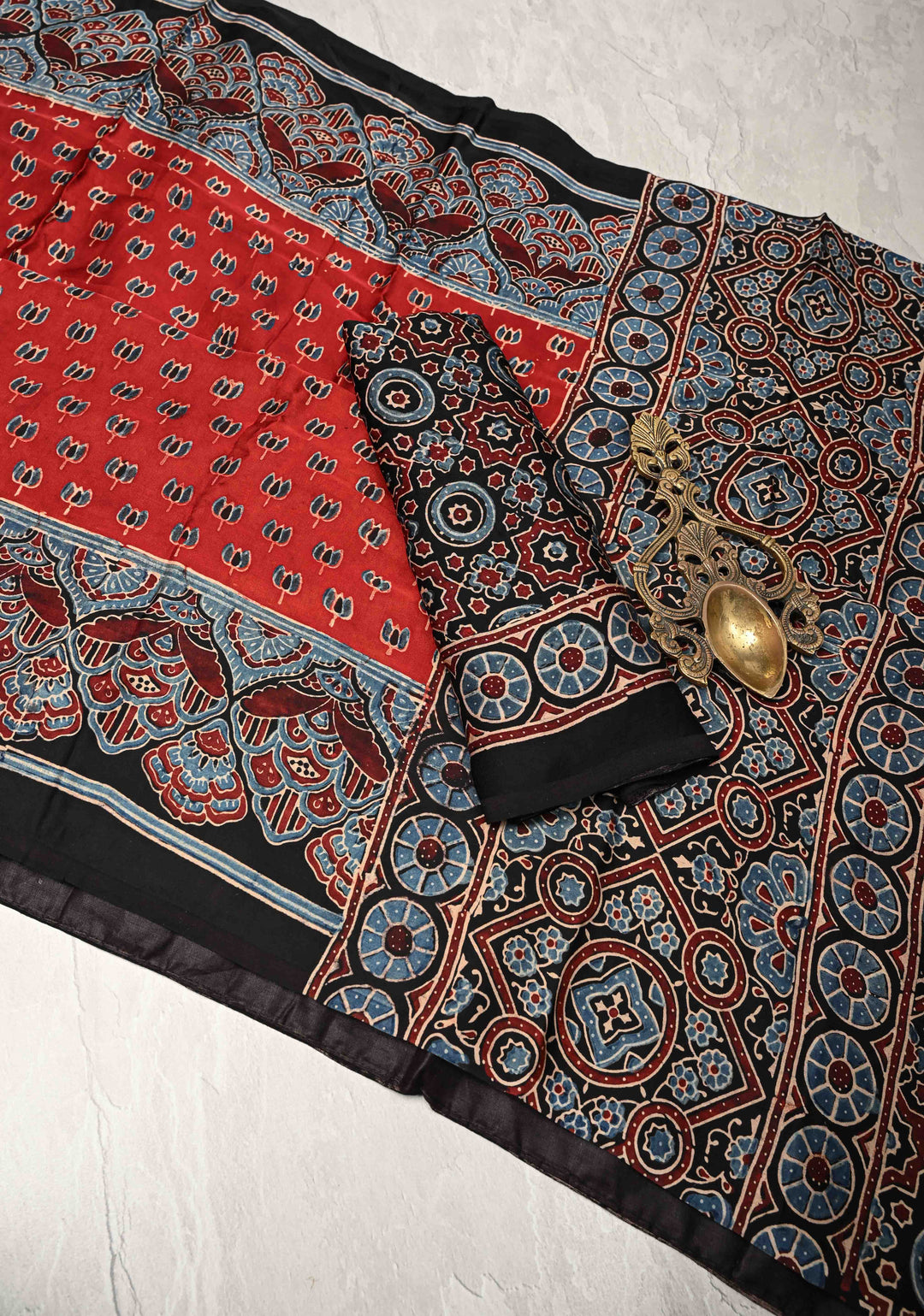 Red Ajrakh Hand Block Print on Modal Silk Saree