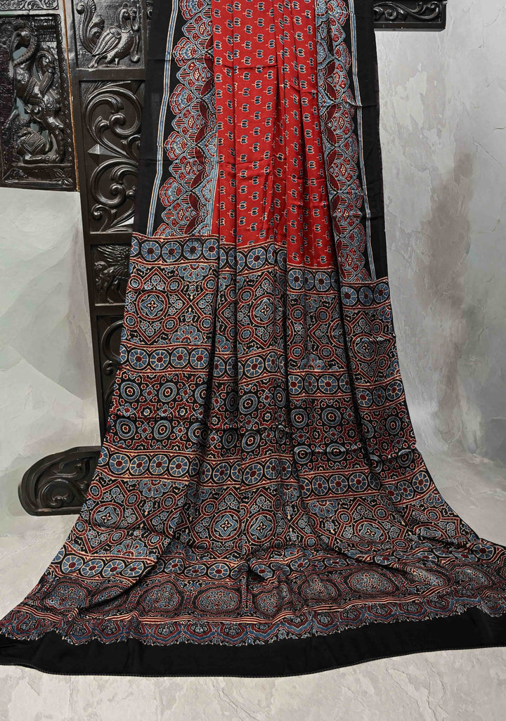 Red Ajrakh Hand Block Print on Modal Silk Saree