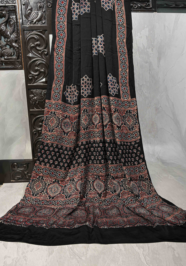 Black Modal Silk Saree with Ajrakh Hand Block Print