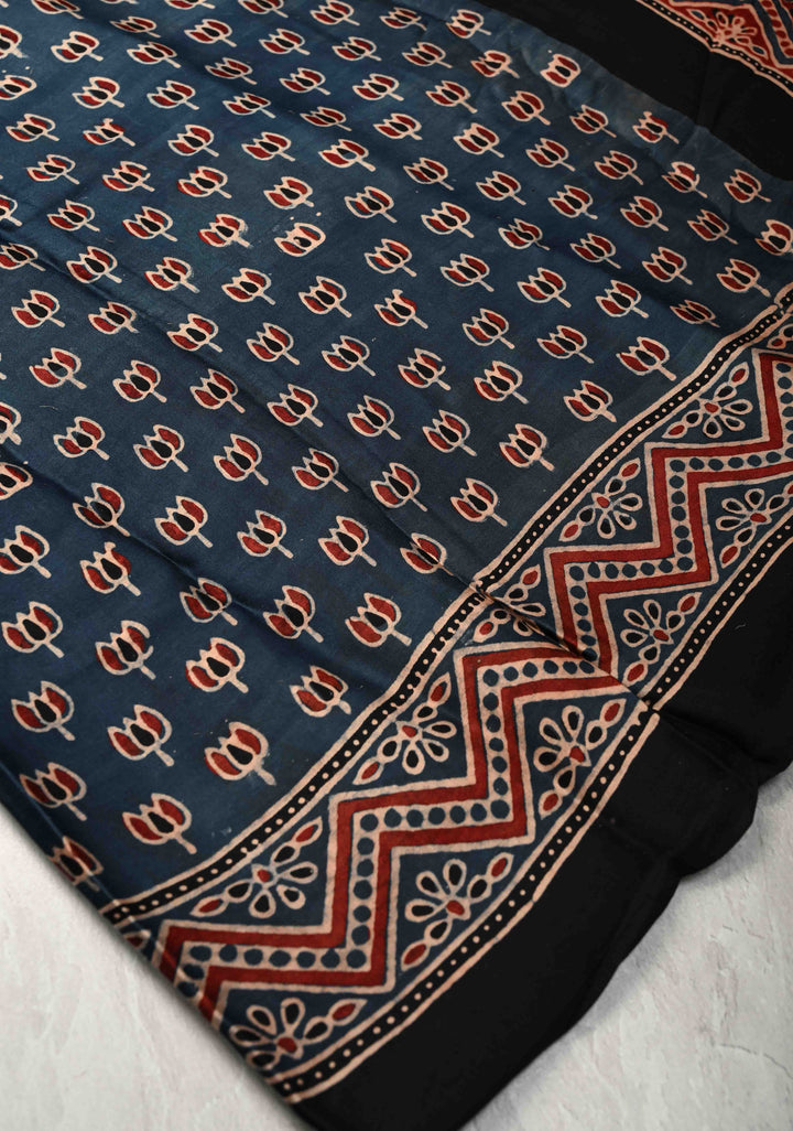 Blue Ajrakh Hand Block Print on Modal Silk Saree