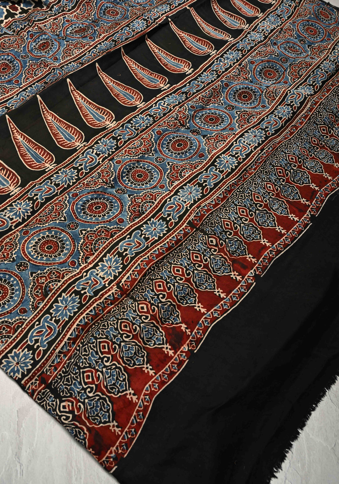 Black Modal Silk Saree with Ajrakh Hand Block Print