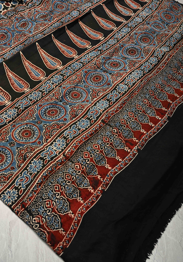 Black Modal Silk Saree with Ajrakh Hand Block Print