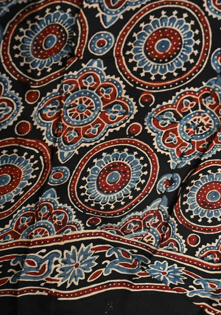 Black Modal Silk Saree with Ajrakh Hand Block Print