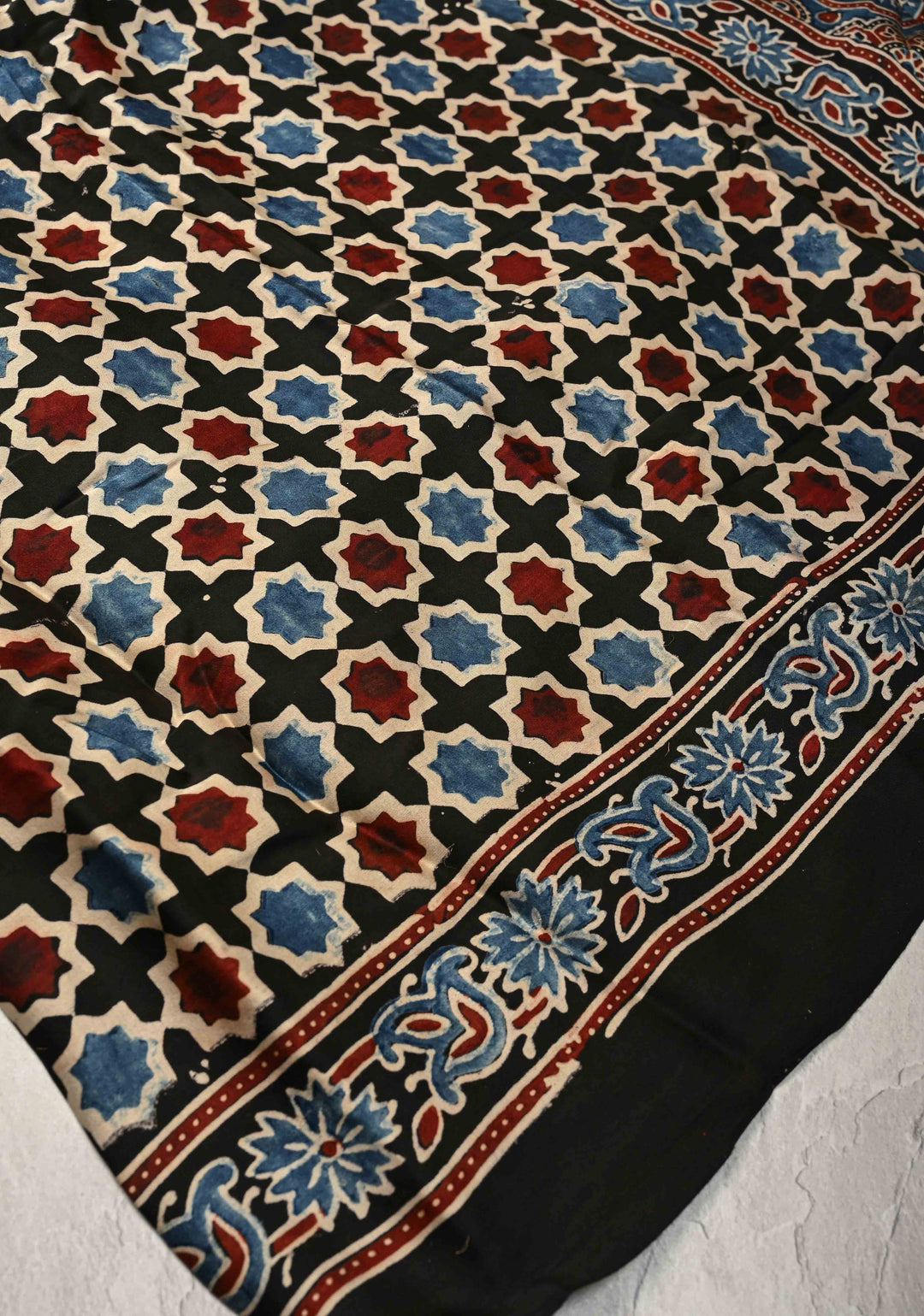 Black Modal Silk Saree with Ajrakh Hand Block Print