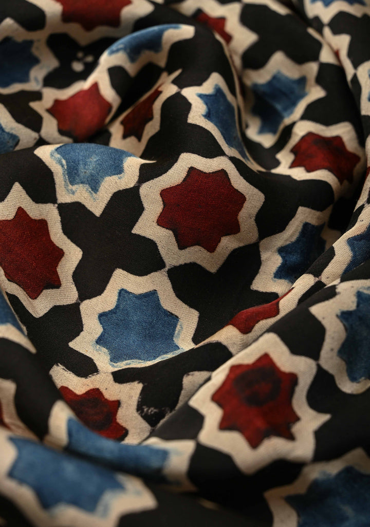 Black Modal Silk Saree with Ajrakh Hand Block Print