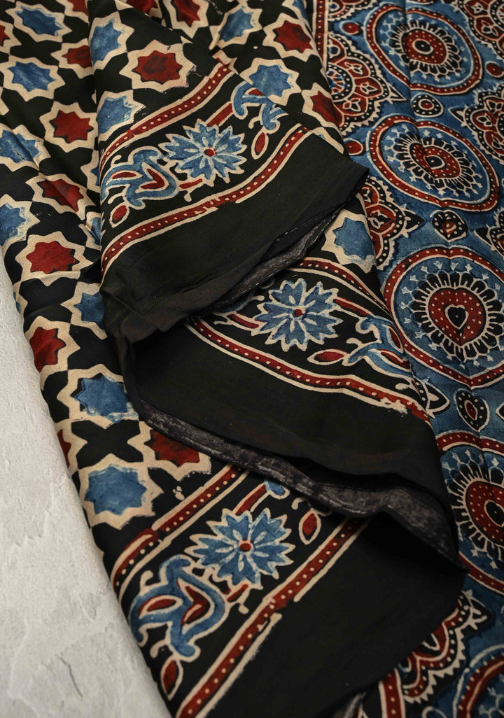 Black Modal Silk Saree with Ajrakh Hand Block Print