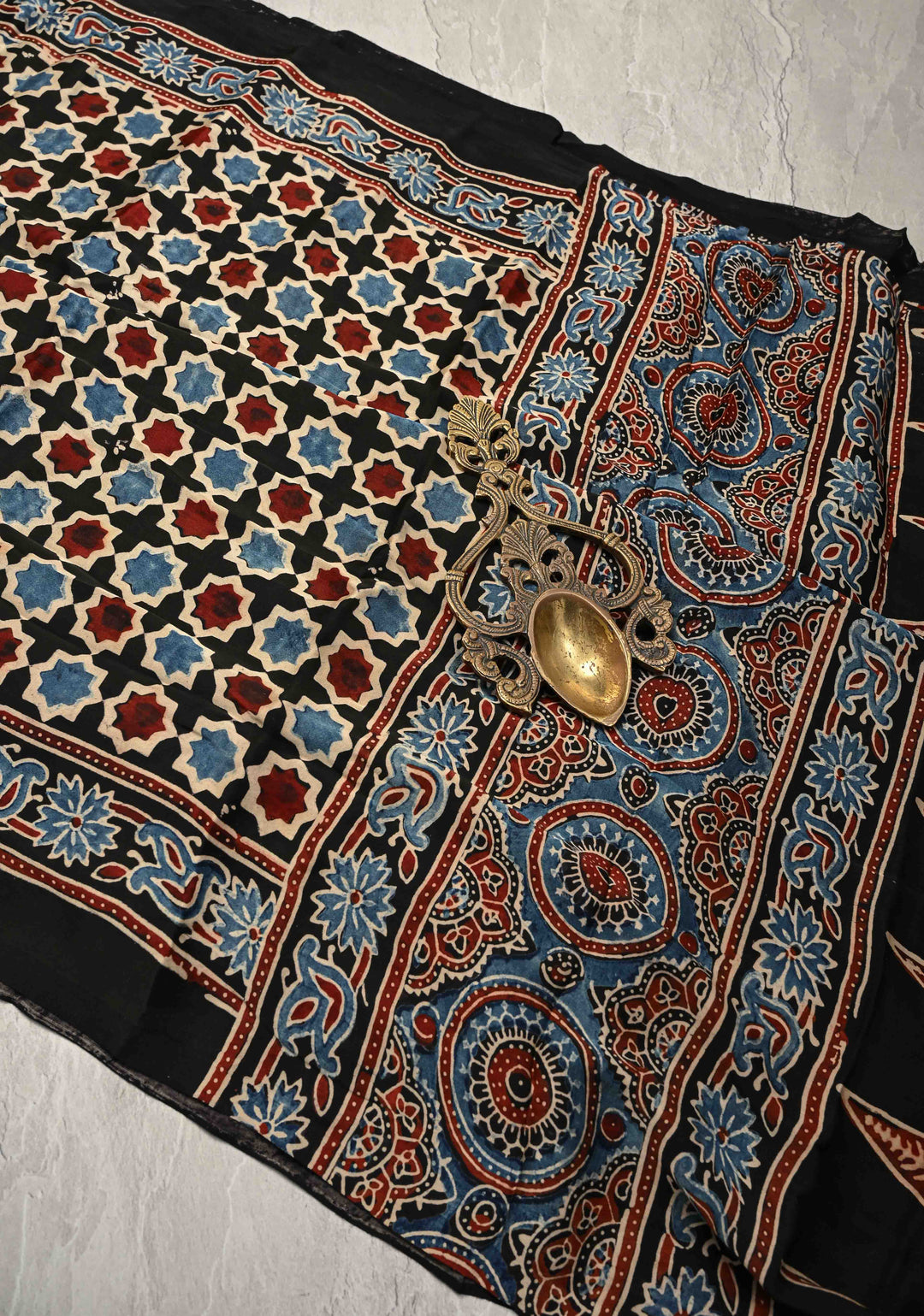 Black Modal Silk Saree with Ajrakh Hand Block Print