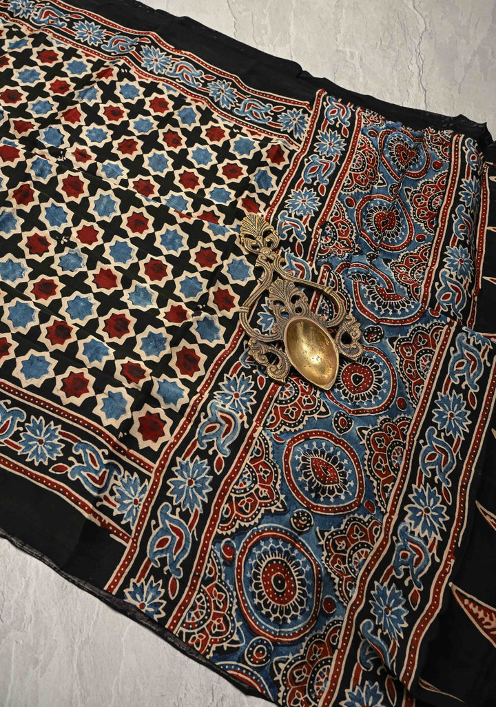 Black Modal Silk Saree with Ajrakh Hand Block Print