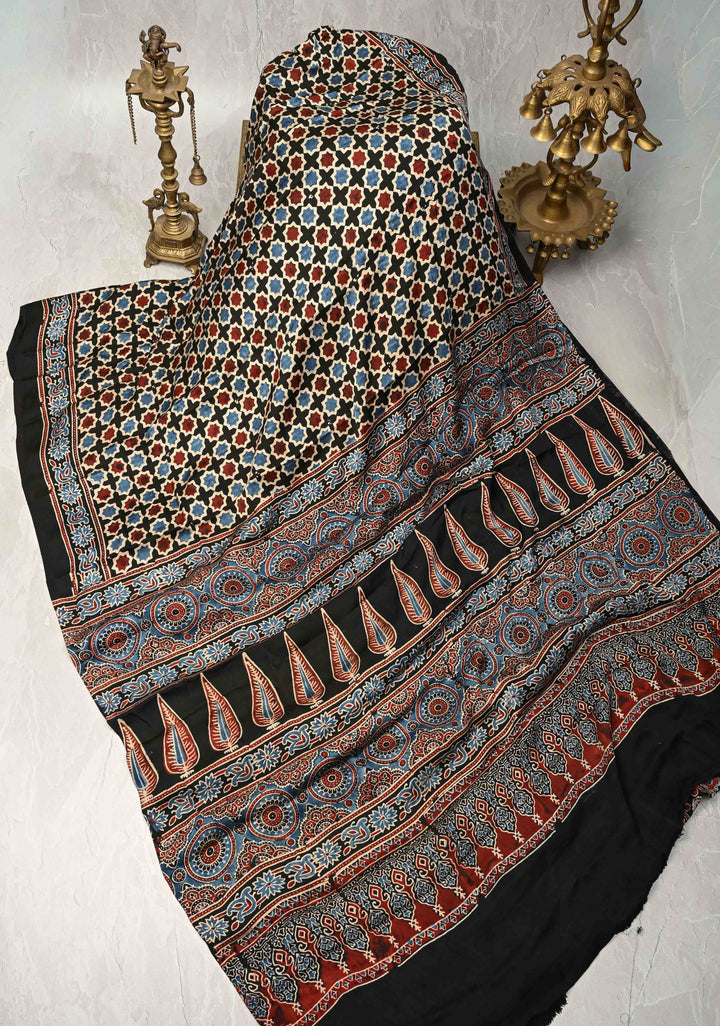 Black Modal Silk Saree with Ajrakh Hand Block Print