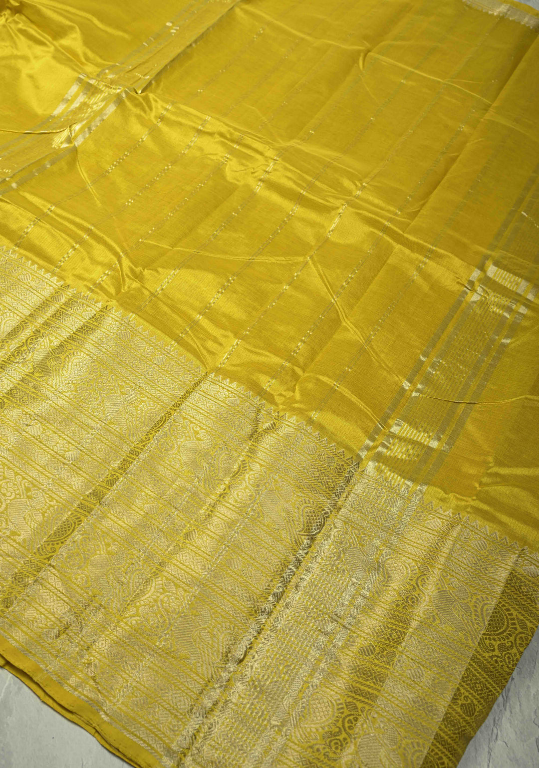 Musturd Yellow Handwoven Mangalagiri Silk Cotton Saree with Wide Silver Zari Border