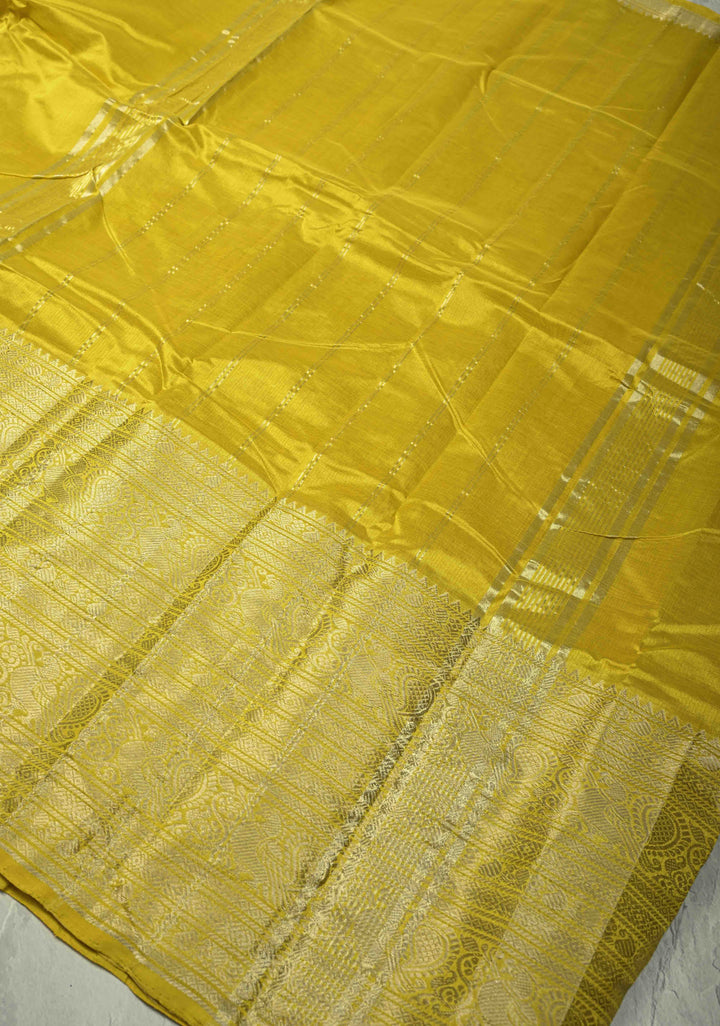 Musturd Yellow Handwoven Mangalagiri Silk Cotton Saree with Wide Silver Zari Border