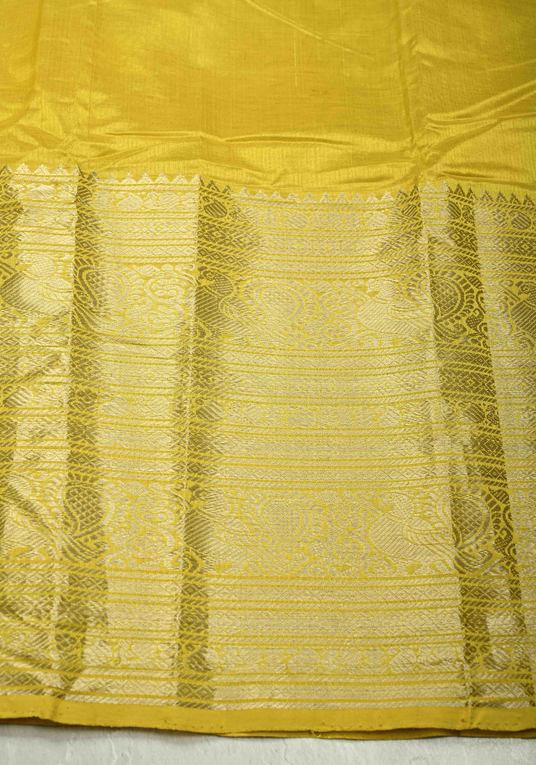 Musturd Yellow Handwoven Mangalagiri Silk Cotton Saree with Wide Silver Zari Border