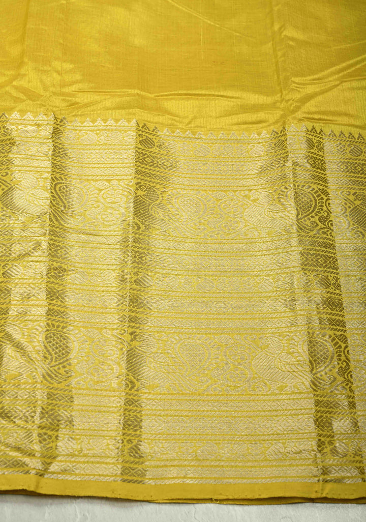 Musturd Yellow Handwoven Mangalagiri Silk Cotton Saree with Wide Silver Zari Border