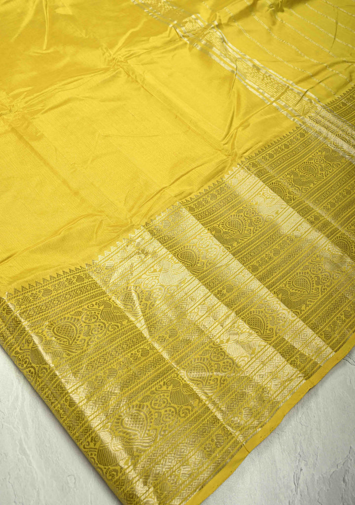 Musturd Yellow Handwoven Mangalagiri Silk Cotton Saree with Wide Silver Zari Border