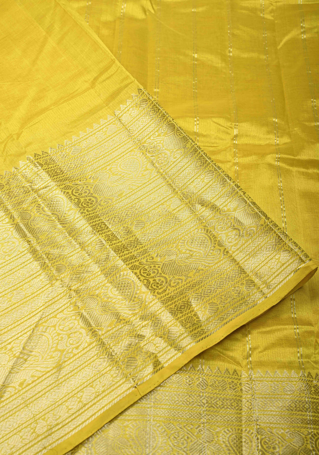 Musturd Yellow Handwoven Mangalagiri Silk Cotton Saree with Wide Silver Zari Border
