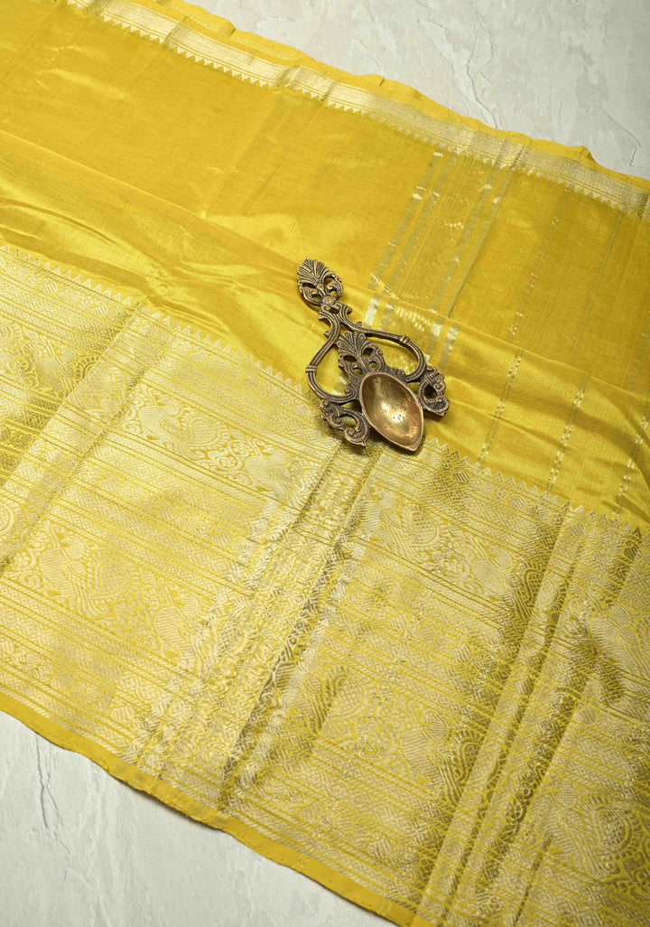 Musturd Yellow Handwoven Mangalagiri Silk Cotton Saree with Wide Silver Zari Border