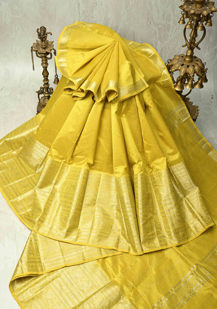 Musturd Yellow Handwoven Mangalagiri Silk Cotton Saree with Wide Silver Zari Border