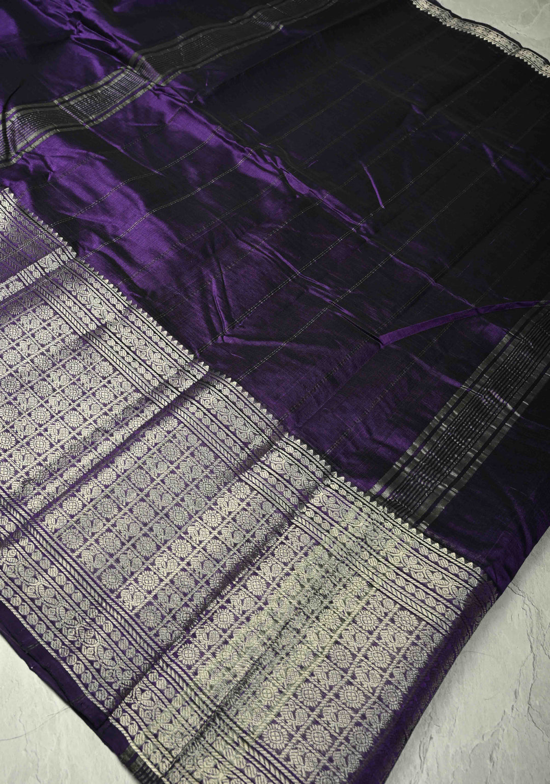 Eggplant Purple Handwoven Mangalagiri Silk Cotton Saree with Wide Silver Zari Border