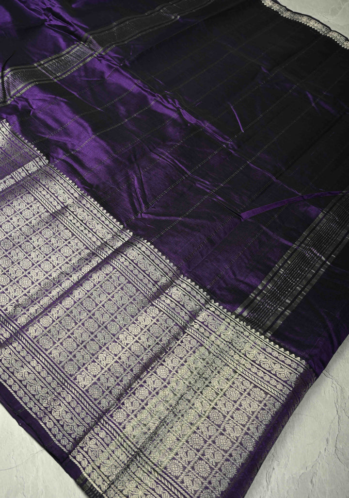 Eggplant Purple Handwoven Mangalagiri Silk Cotton Saree with Wide Silver Zari Border