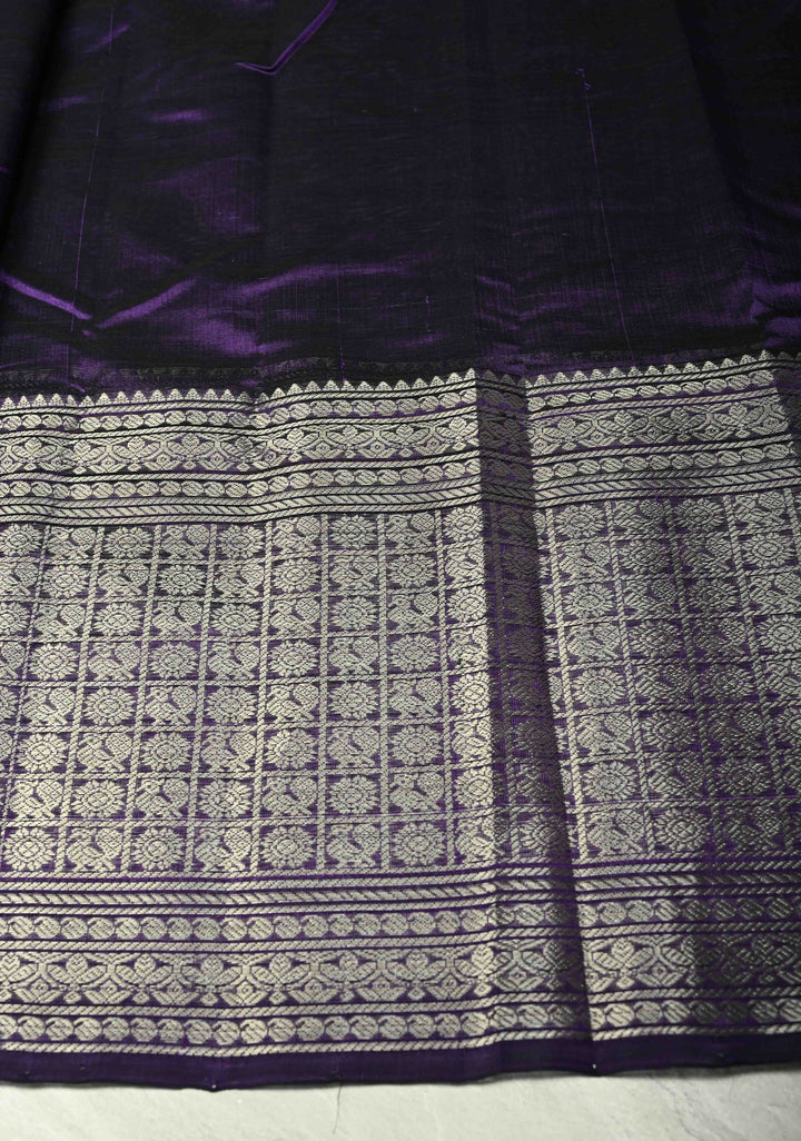 Eggplant Purple Handwoven Mangalagiri Silk Cotton Saree with Wide Silver Zari Border
