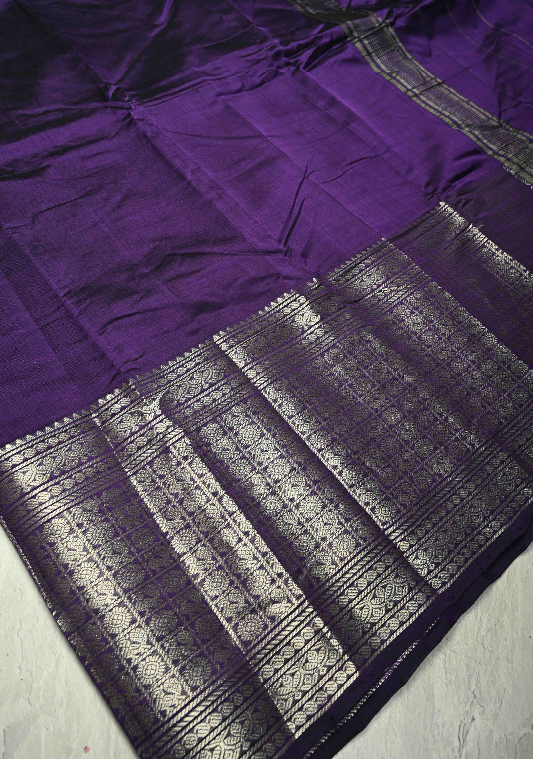 Eggplant Purple Handwoven Mangalagiri Silk Cotton Saree with Wide Silver Zari Border
