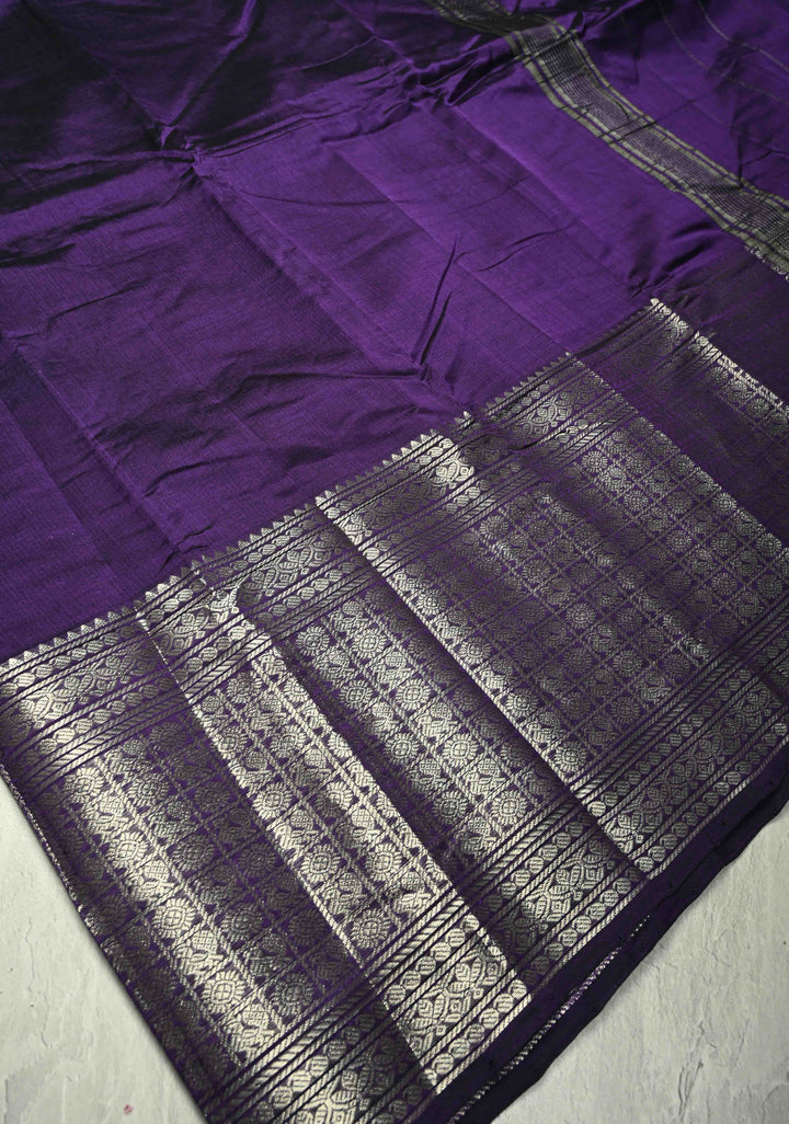 Eggplant Purple Handwoven Mangalagiri Silk Cotton Saree with Wide Silver Zari Border