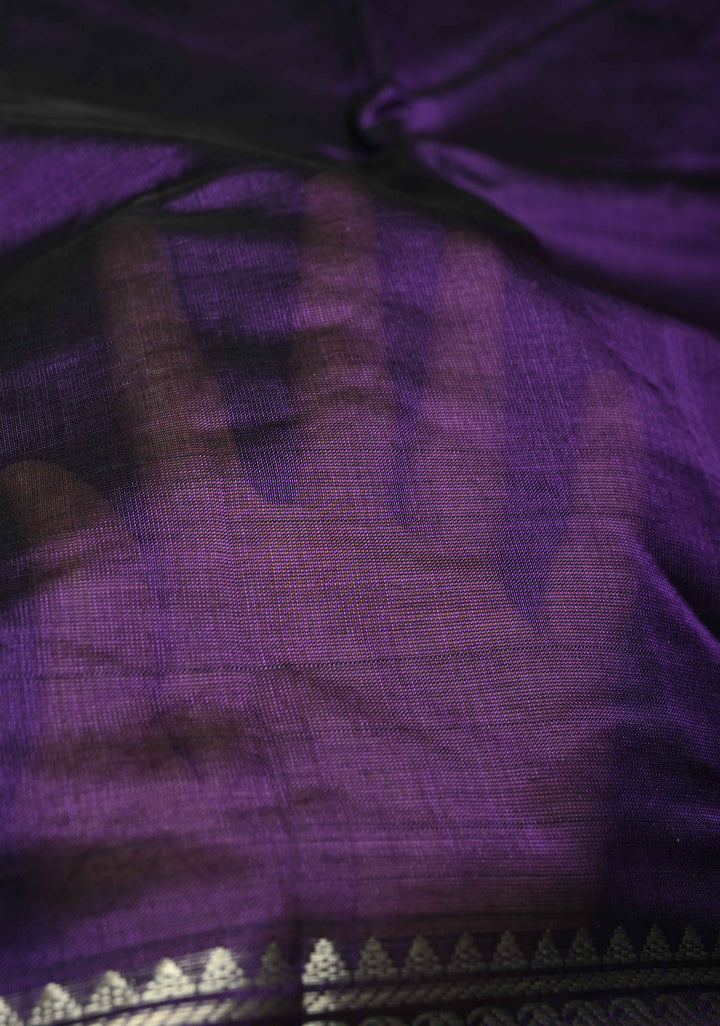 Eggplant Purple Handwoven Mangalagiri Silk Cotton Saree with Wide Silver Zari Border