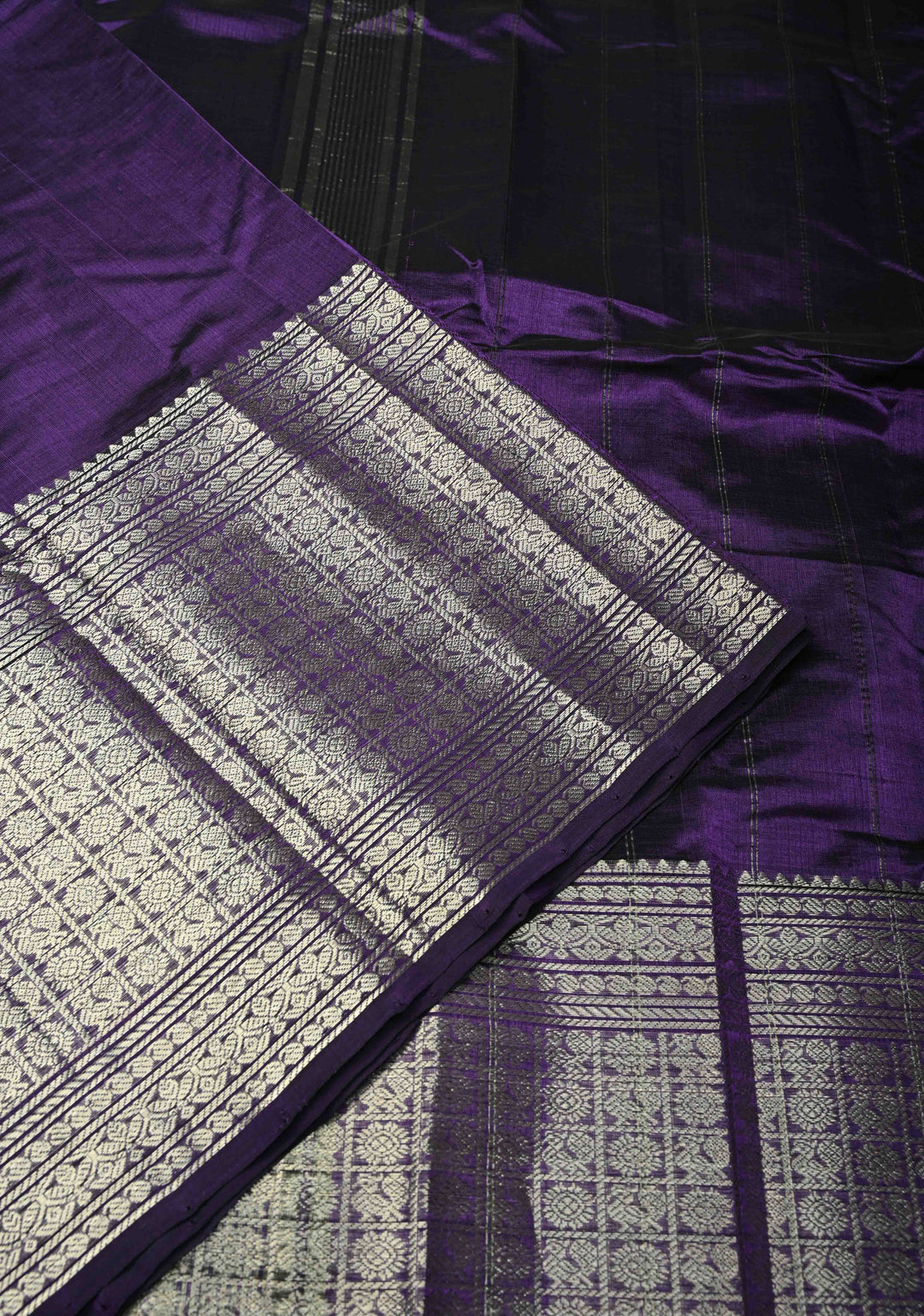 Eggplant Purple Handwoven Mangalagiri Silk Cotton Saree with Wide Silver Zari Border
