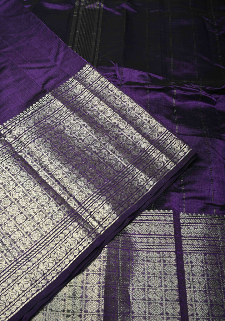 Eggplant Purple Handwoven Mangalagiri Silk Cotton Saree with Wide Silver Zari Border