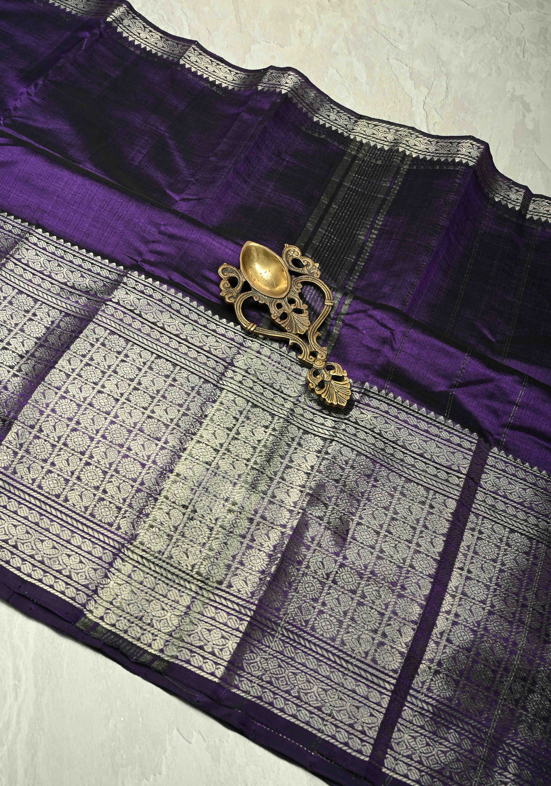 Eggplant Purple Handwoven Mangalagiri Silk Cotton Saree with Wide Silver Zari Border