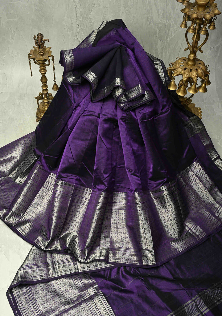 Eggplant Purple Handwoven Mangalagiri Silk Cotton Saree with Wide Silver Zari Border