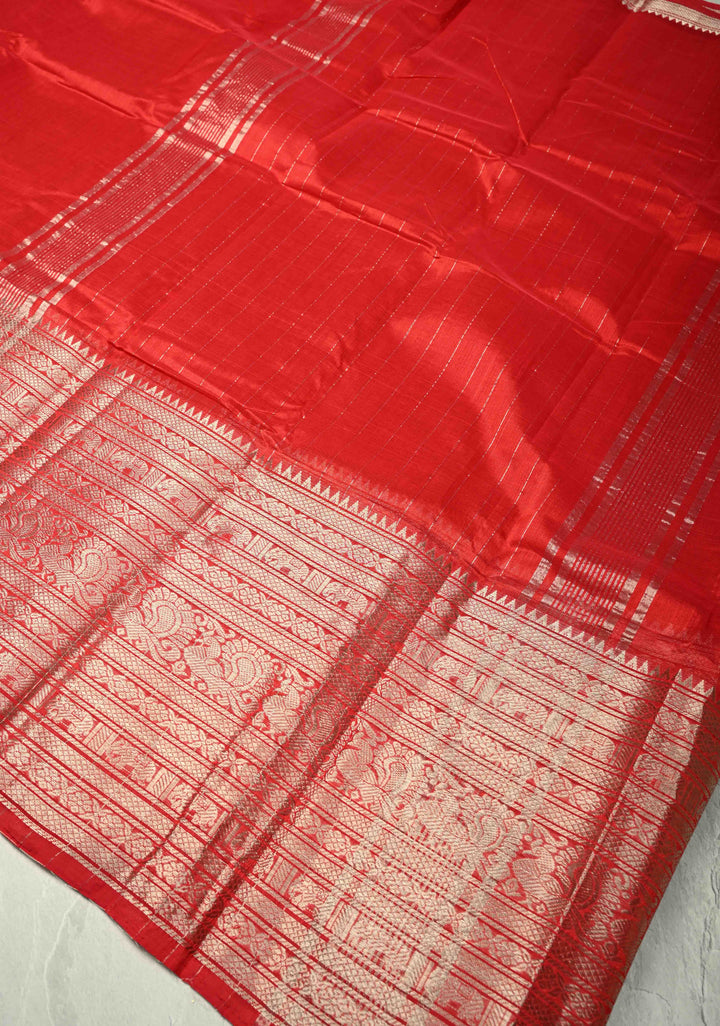 Bright Red Handwoven Mangalagiri Silk Cotton Saree with Wide Silver Zari Border