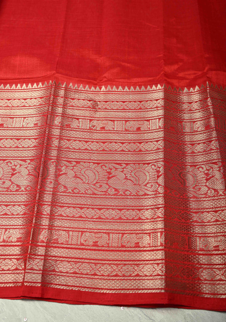 Bright Red Handwoven Mangalagiri Silk Cotton Saree with Wide Silver Zari Border